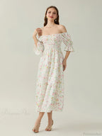 Elegant Off-Shoulder Party Half Sleeve Square Neck A-line Floral Dress