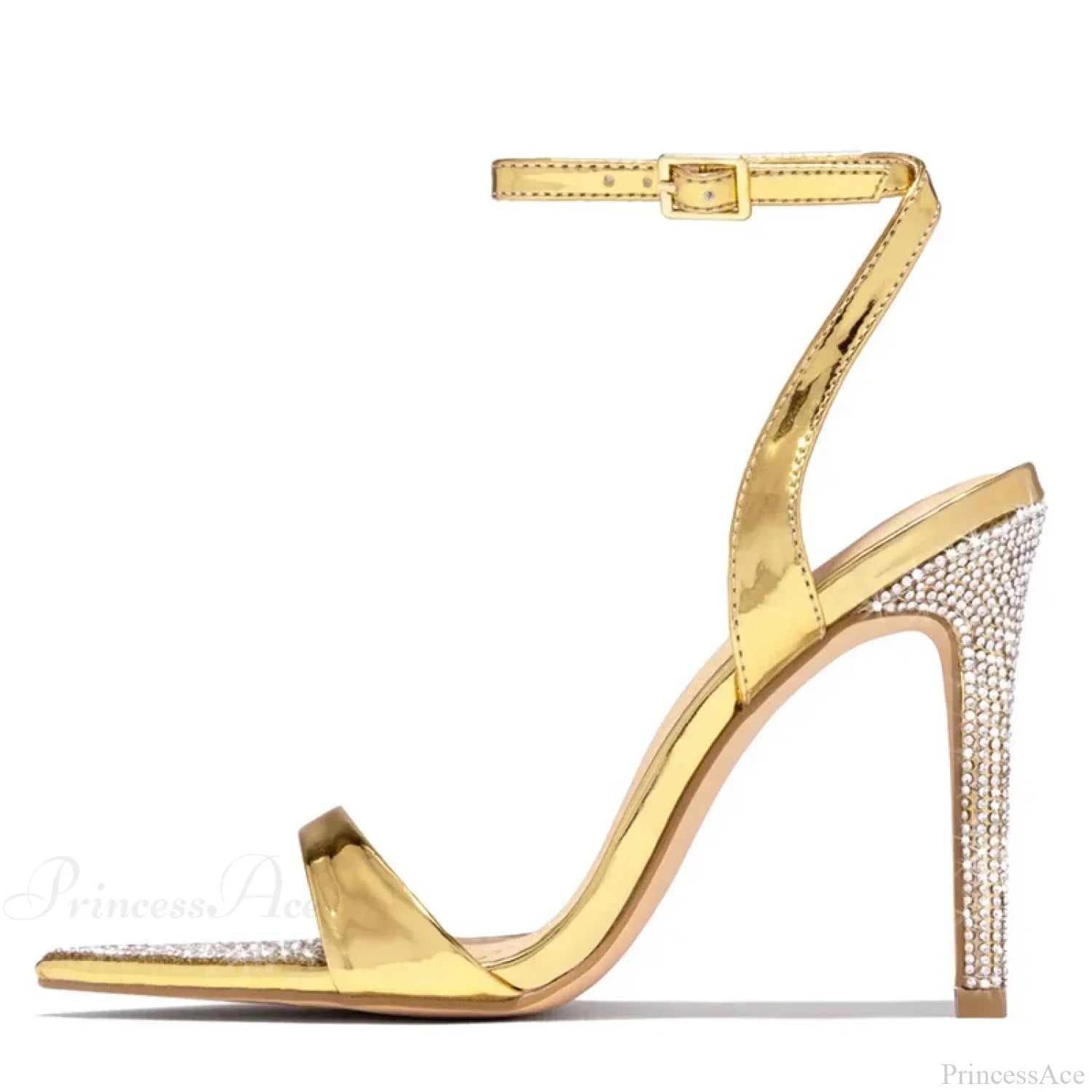 Elegant Party Sandals Wedding Banquet Shoes Crystal Rhinestones Pointed-Toe Stripper High-Heels Gold High Heel