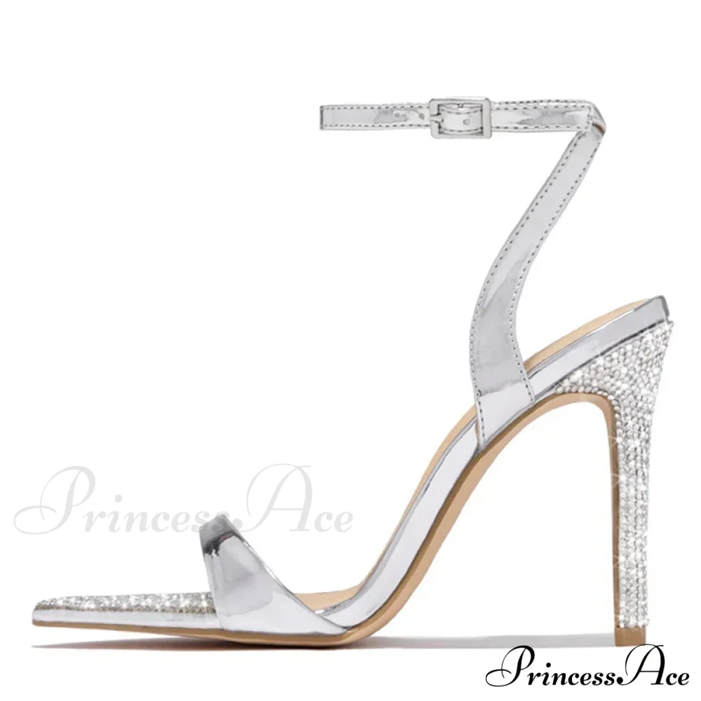 Elegant Party Sandals Women Wedding Banquet Shoes Crystal Rhinestones Pointed Toe High Heels Gold Sandalias