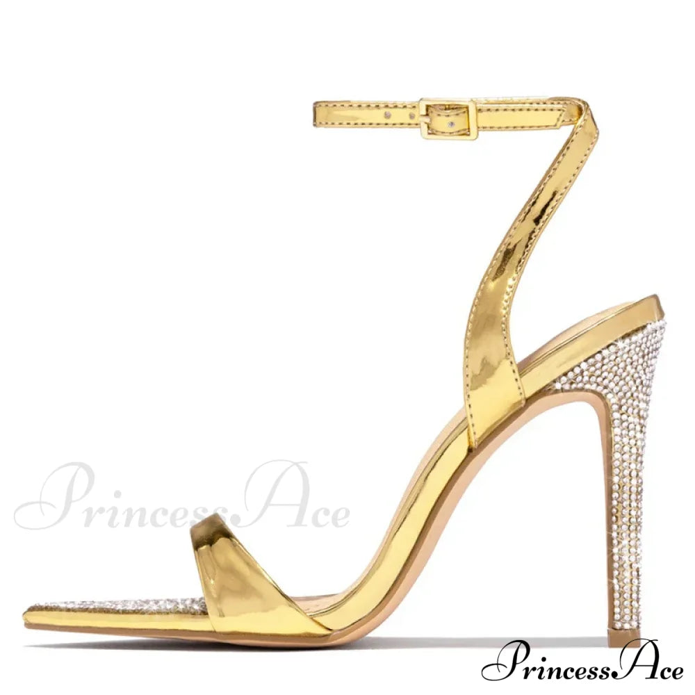 Elegant Party Sandals Women Wedding Banquet Shoes Crystal Rhinestones Pointed Toe High Heels Gold Sandalias
