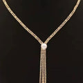 Pearl Detail Rhinestone Tassel Lariat Necklace - Silver