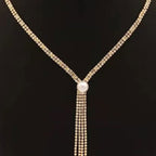 Pearl Detail Rhinestone Tassel Lariat Necklace - Silver