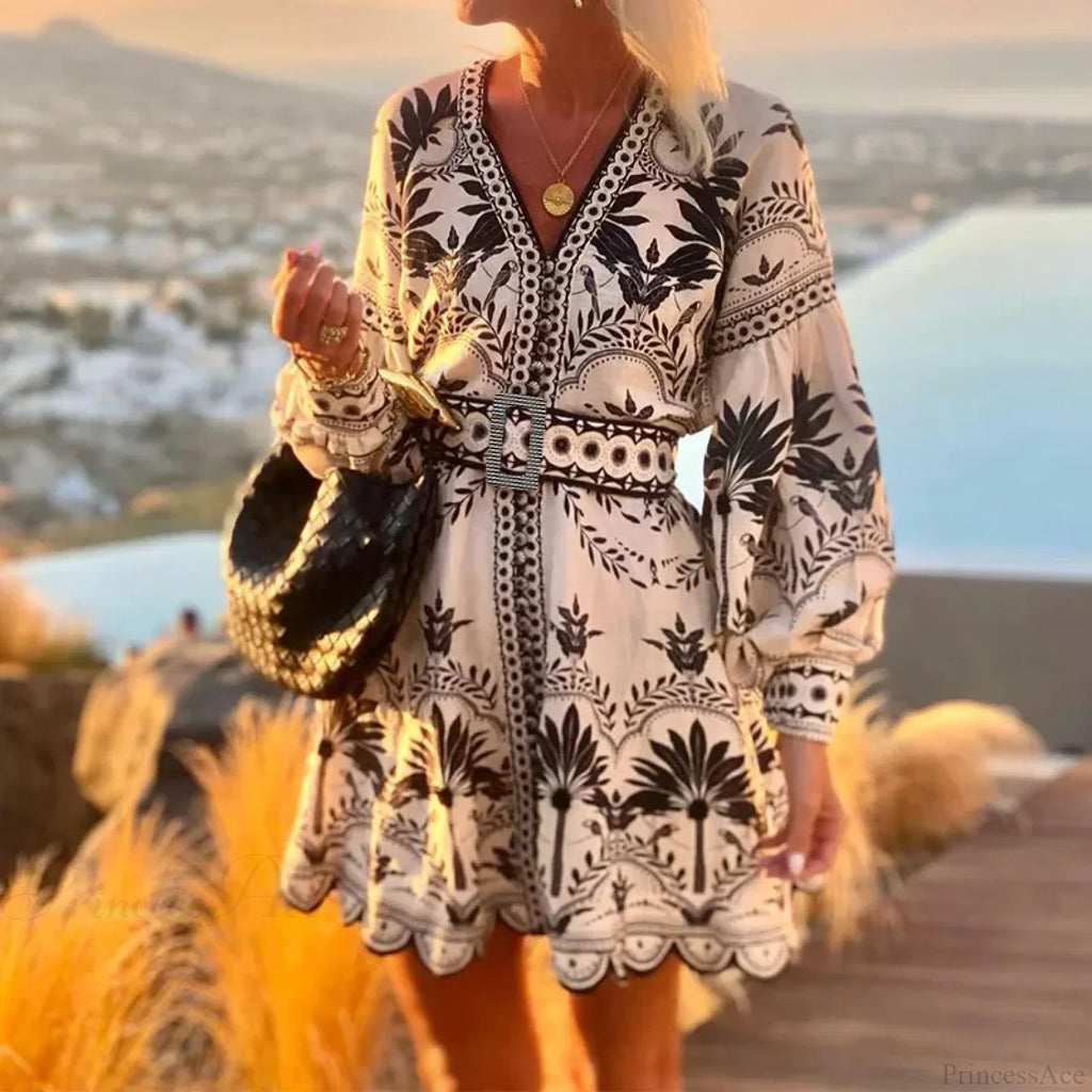 Elegant Print V-neck A-line Boho Dress