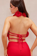 Elegant Red Floral Backless Maxi Bodycon Evening Dress