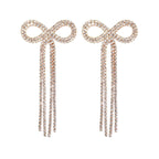 Rhinestone Bow Fringe Long Drop Earrings Silver