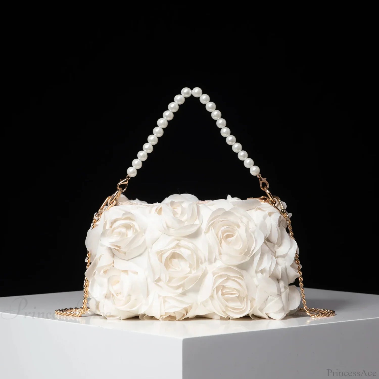 Elegant Rose Flower Faux Pearl Metal Chain Clutch Bag