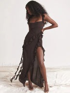 Ruffled Maxi Dress High Split V-Neck Floral Dress