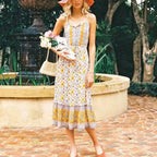 Elegant Sleeveless Floral Rayon Cotton Midi Boho Dress