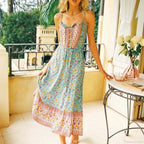 Elegant Sleeveless Floral Rayon Cotton Midi Boho Dress