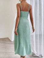 Elegant Spaghetti Strap Charming Pleated Leg Slit Dress