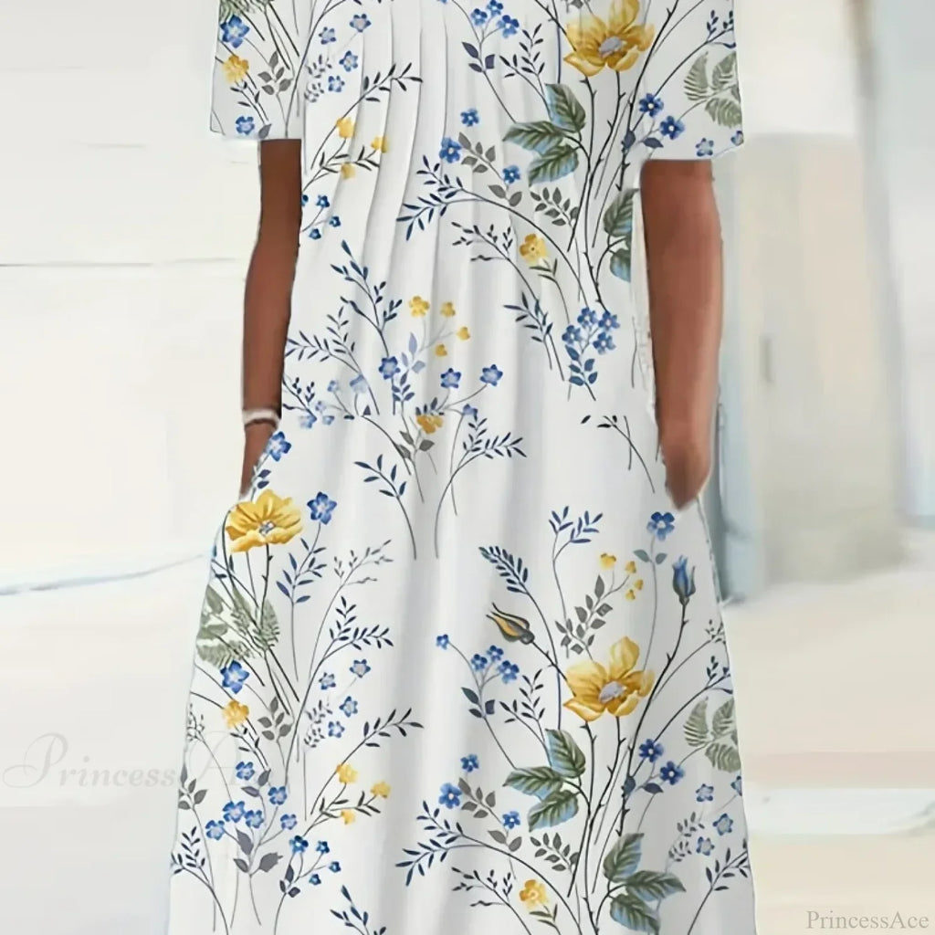 Elegant Spring Summer Round Neck Printed Floral Dress