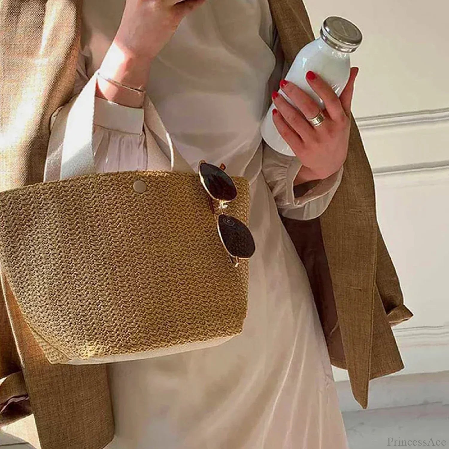 Elegant Straw Woven Beach Casual Top-Handle Shoulder Handbag