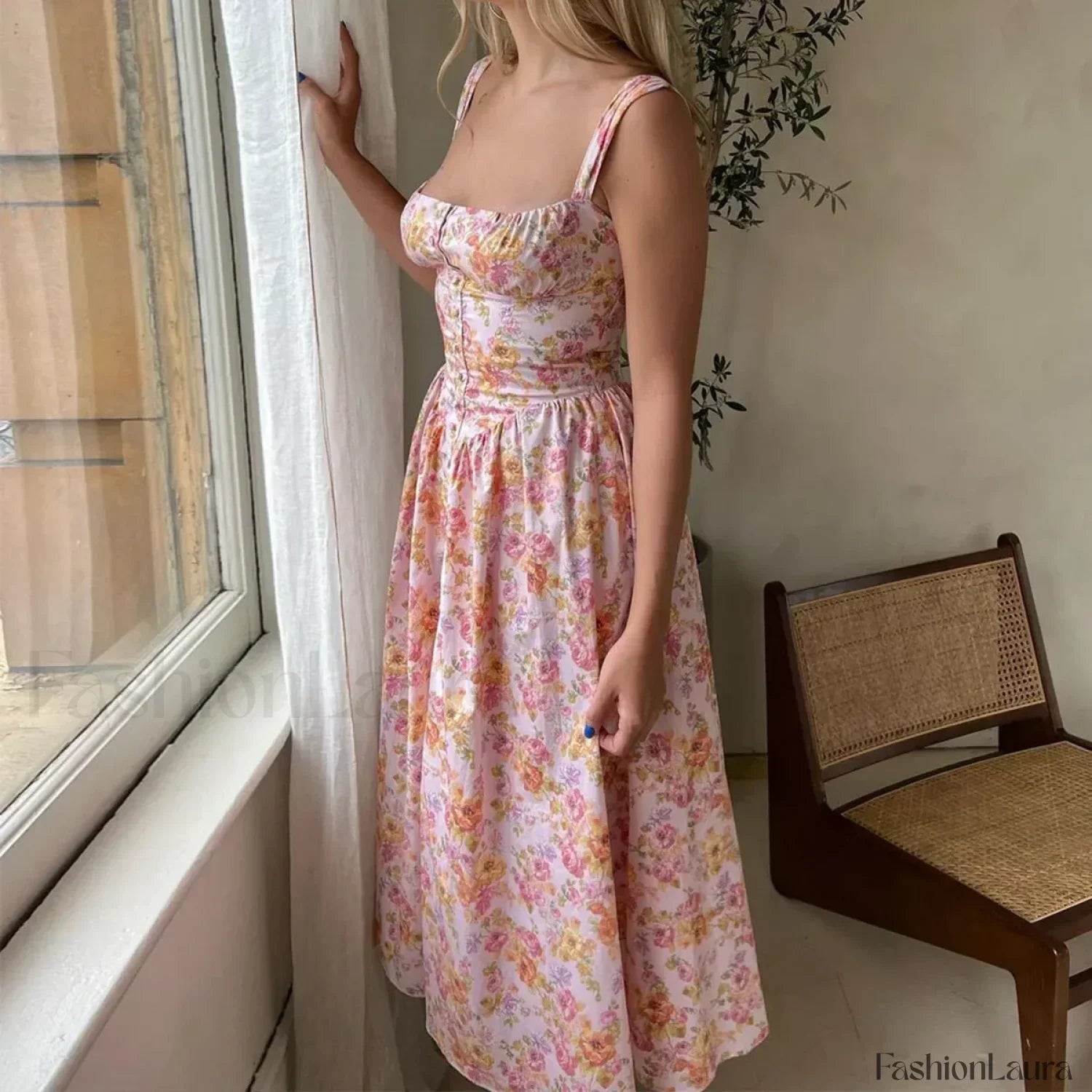 Floral Print Midi Dress Lace-up Pocket Floral Dress