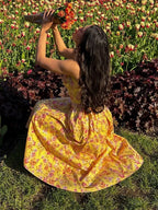 Elegant Summer Floral Print Midi Dress Yellow Lace Up Pocket Floral Dress