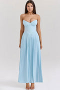 Strapless Sweetheart Pleated Bustier Basque Waist Sunray Pleat Maxi Dress