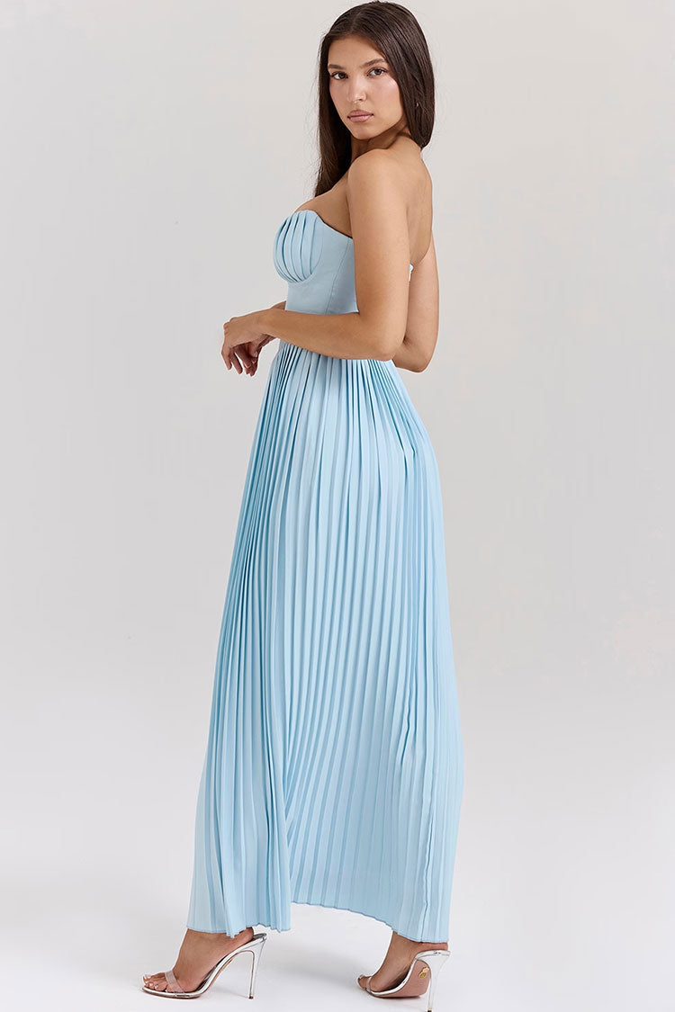 Strapless Sweetheart Pleated Bustier Basque Waist Sunray Pleat Maxi Dress