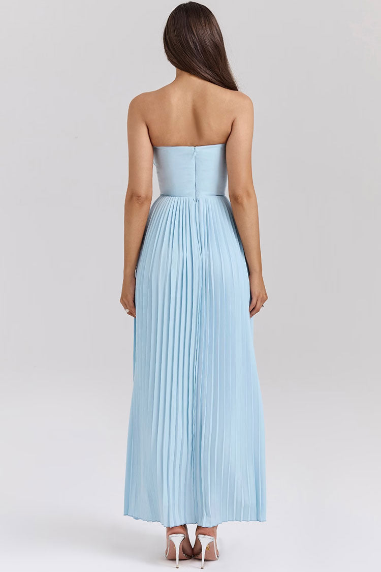 Strapless Sweetheart Pleated Bustier Basque Waist Sunray Pleat Maxi Dress