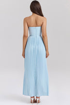 Strapless Sweetheart Pleated Bustier Basque Waist Sunray Pleat Maxi Dress