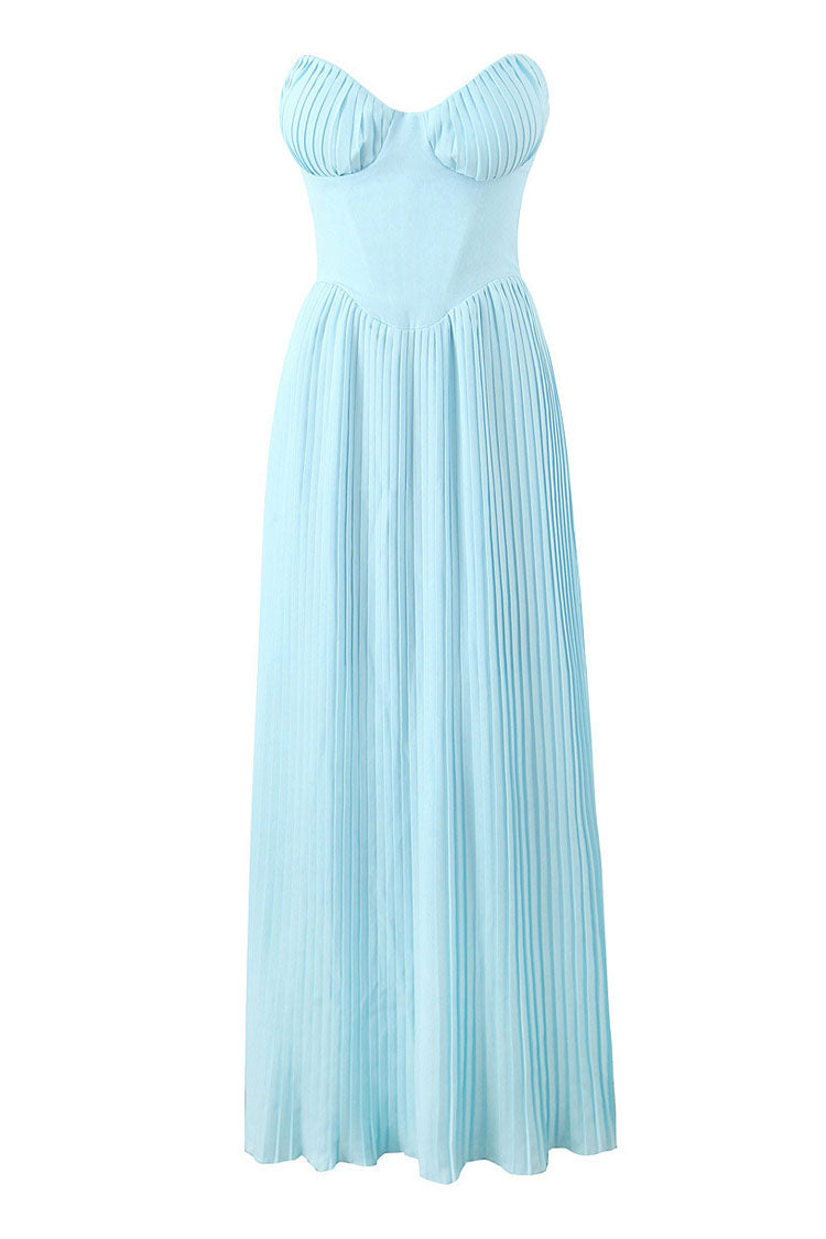 Strapless Sweetheart Pleated Bustier Basque Waist Sunray Pleat Maxi Dress