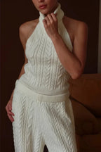 Elegant V-Neck Cable Knit Top Tank Pants Three Piece Set