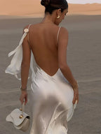 Elegant White Satin Maxi Vacation Dress