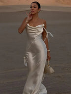 Elegant White Satin Maxi Vacation Dress