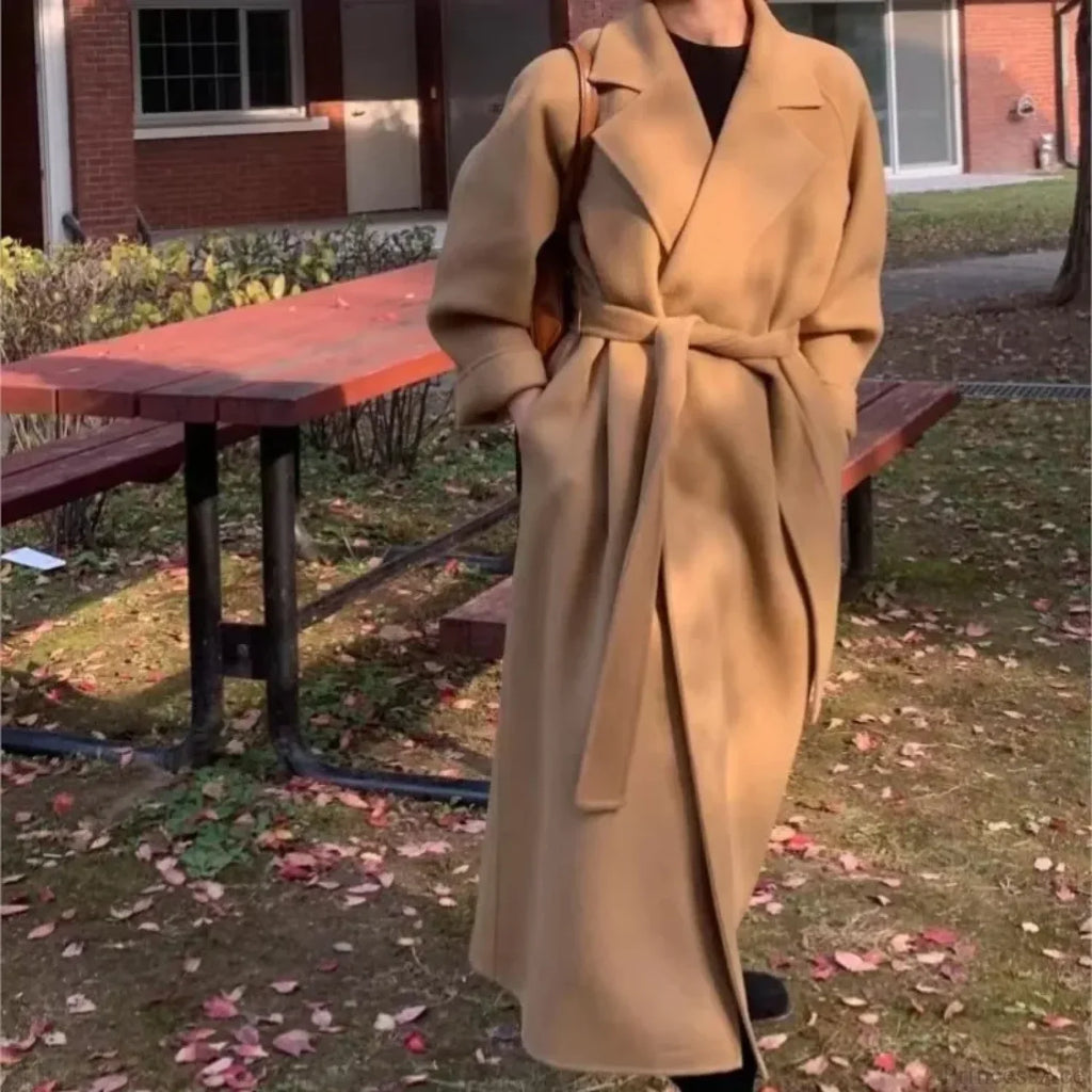 Elegant Woolen Belted Long Overcoat