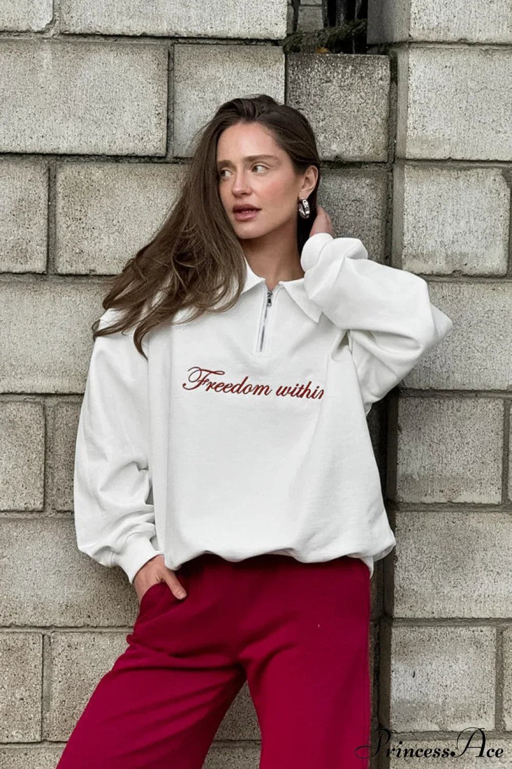 Embroidered Collared Casual Loose Sweatshirt