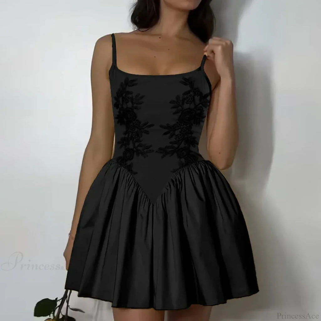 Embroidered Flower High Waist Puffy Floral Dress