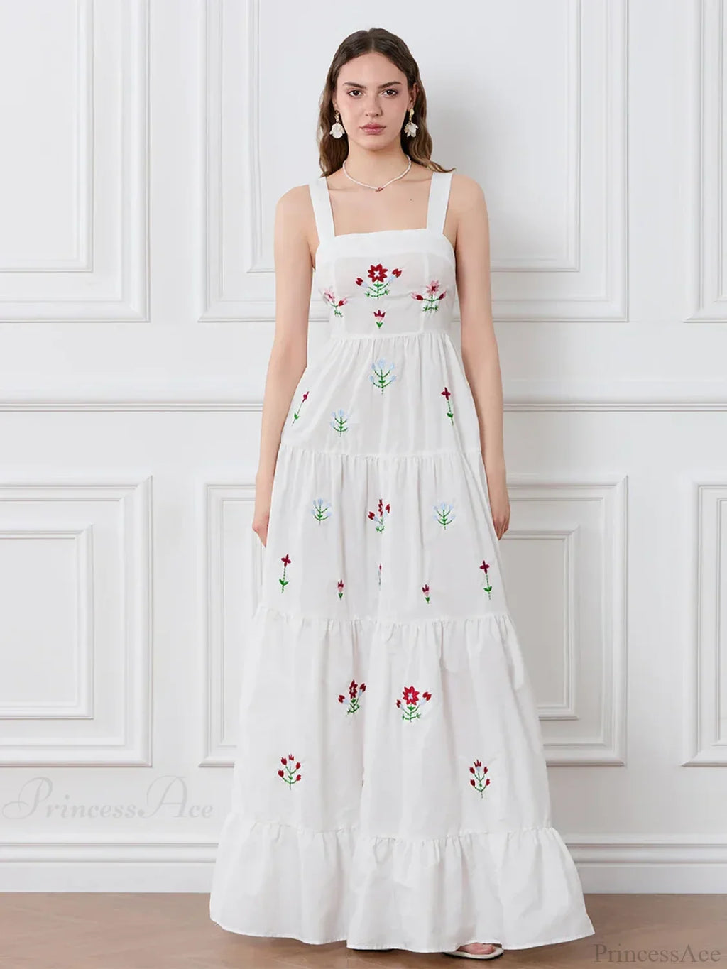 Embroidered Flower Ruched Tiered Slip Floral Dress