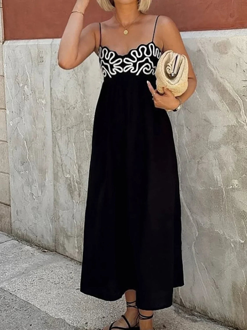 Black Embroidered Shirred Spaghetti Strap Long Dress