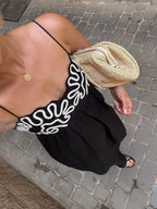 Black Embroidered Shirred Spaghetti Strap Long Dress