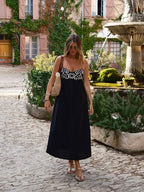 Black Embroidered Shirred Spaghetti Strap Long Dress