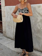 Black Embroidered Shirred Spaghetti Strap Long Dress