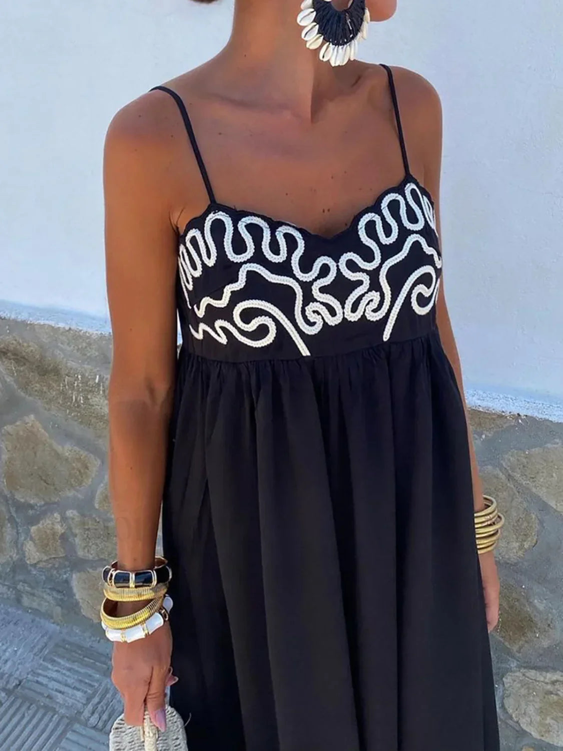 Black Embroidered Shirred Spaghetti Strap Long Dress