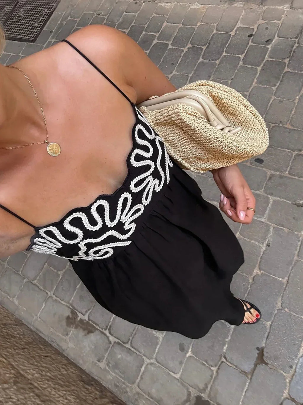 Black Embroidered Shirred Spaghetti Strap Long Dress