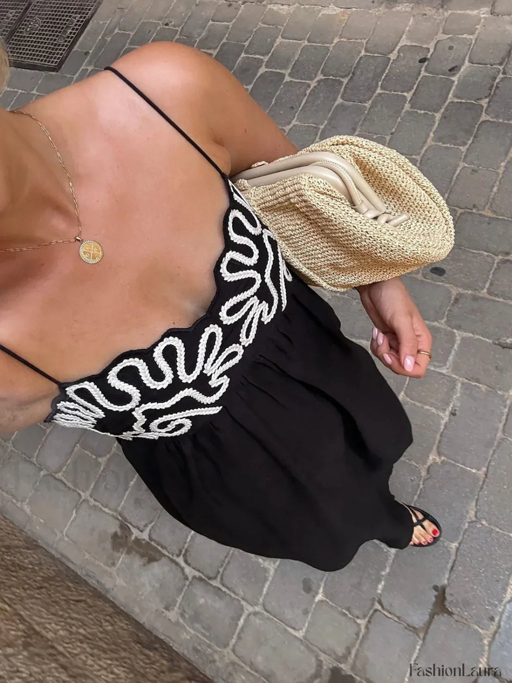 Black Embroidered Shirred Spaghetti Strap Long Dress