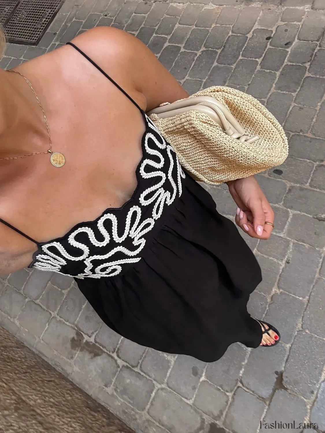 Black Embroidered Shirred Spaghetti Strap Long Dress