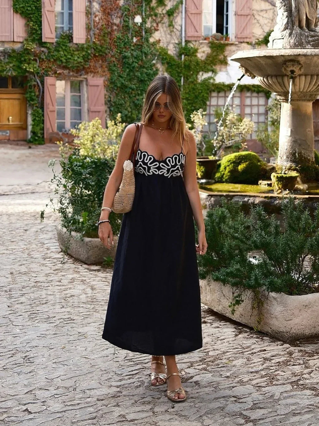 Black Embroidered Shirred Spaghetti Strap Long Dress