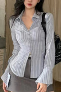 Embroidered Striped Slim Lapel Blouse