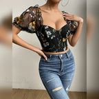 Embroidery Mesh Puff Sleeve Fishbone Corset Top