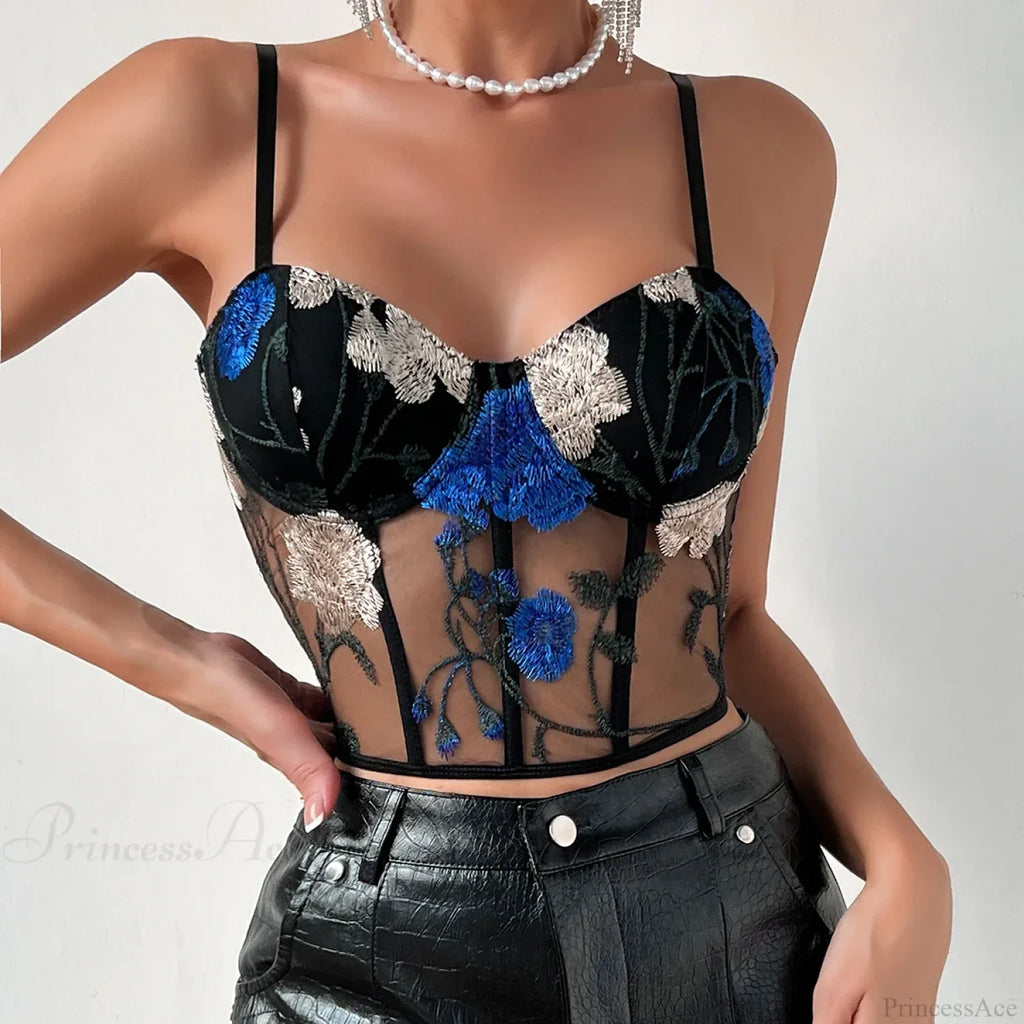 Embroidery Mesh Tank Top Sexy Slim Bustier