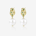 Emerald CZ Hammered Baroque Pearl Drop Earrings