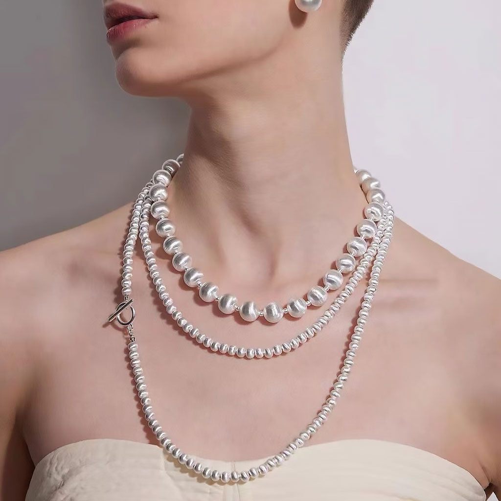 Quiet Luxury Brushed Satin Ball Silver Lariat Necklace