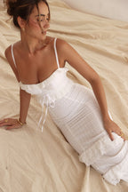 Eyelet Lace Sweetheart Tie Strap Tiered Ruffle Peplum Maxi Dress