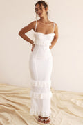 Eyelet Lace Sweetheart Tie Strap Tiered Ruffle Peplum Maxi Dress