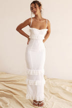 Eyelet Lace Sweetheart Tie Strap Tiered Ruffle Peplum Maxi Dress