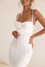 Eyelet Lace Sweetheart Tie Strap Tiered Ruffle Peplum Maxi Dress