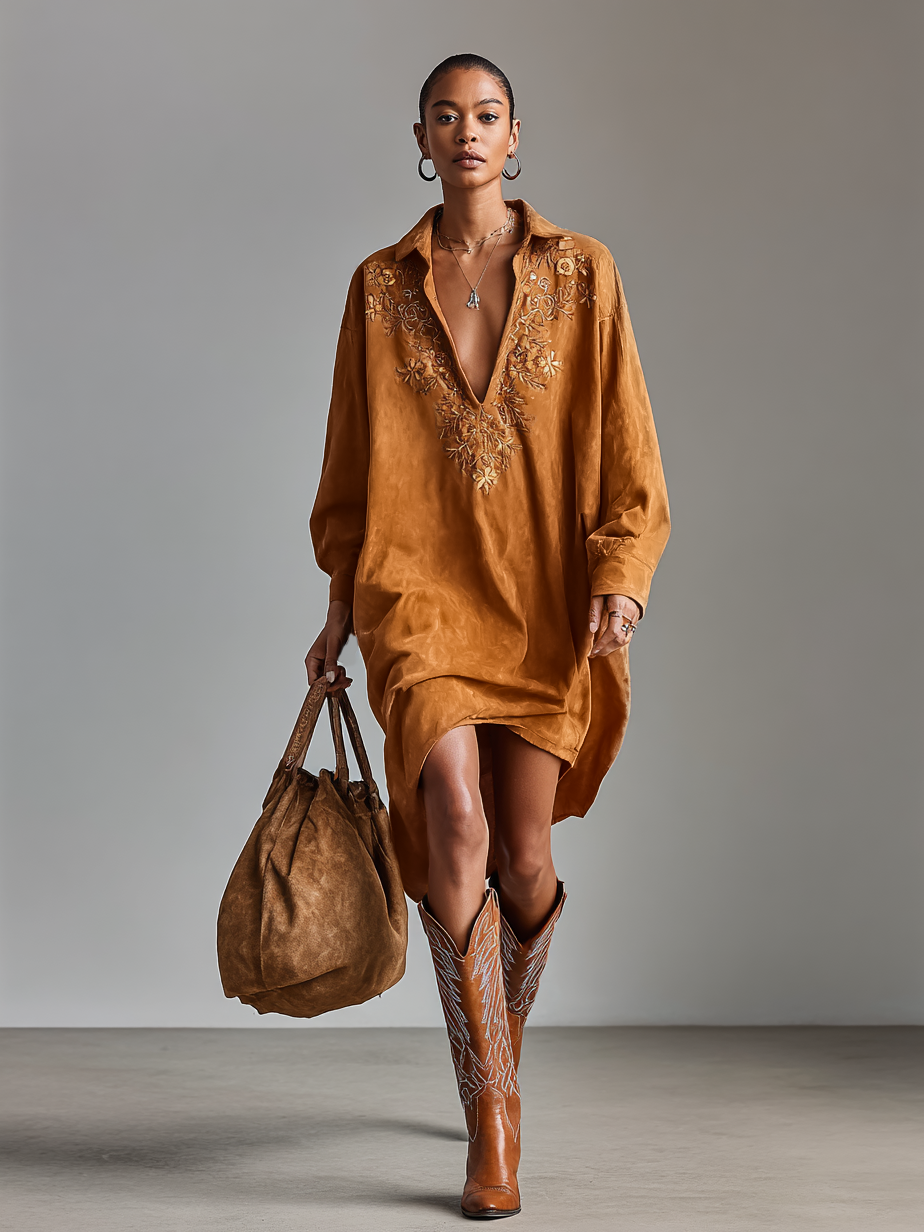 Lydia | V-Neck Suede Midi Dress
