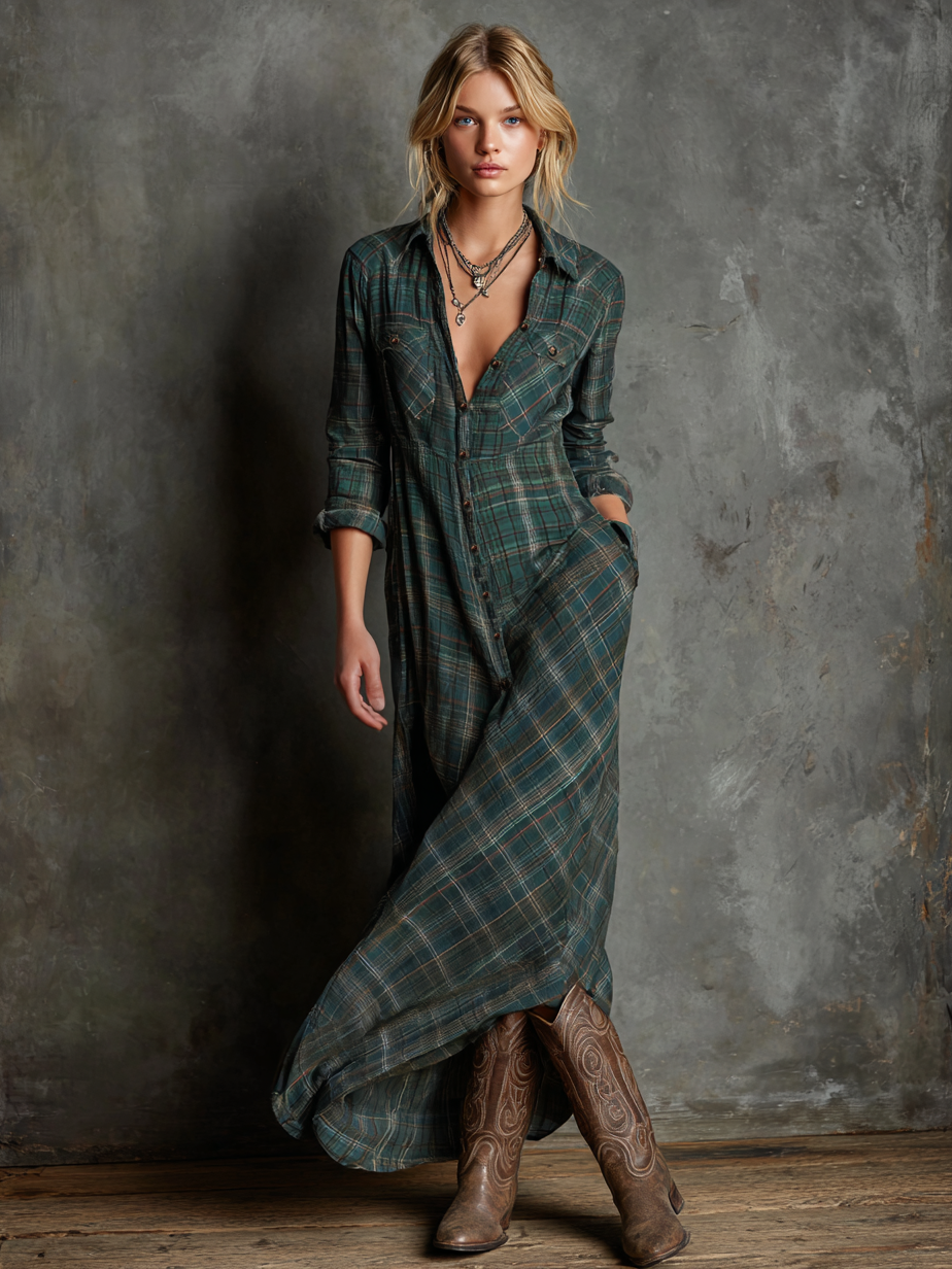 | Plaid Lapel Maxi Dress
